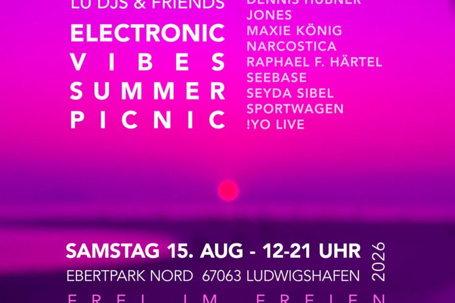 WALDRAUSCHEN presents: LU DJs & Friends electronic vibes summer picnic Sa 15.8.2026 12:00 - 21:00 Uhr - Eintritt Frei! Ebertpark-Wiese Ludwigshafen, Eingang Sternstraße - Ein gechillter Tag im Park. Picknick, Decken und Verpflegung bitte mitbringen. Lineup: Maxie König [Ohral] - Narcostica - C.7even - !YO Live [WALDRAUSCHEN] - Sportwagen [Soulfood FFM] - Jones [UPALLNIGHT] - Seebase - Seyda Sibel [Vocals] - Raphael Felipe Härtel [Percussion] - Dennis Hübner [Piano] & Surprise Guests /// Wir danken Kultursommer Ludwigshafen Zum FB Event: https://www.facebook.com/events/4305542293043500