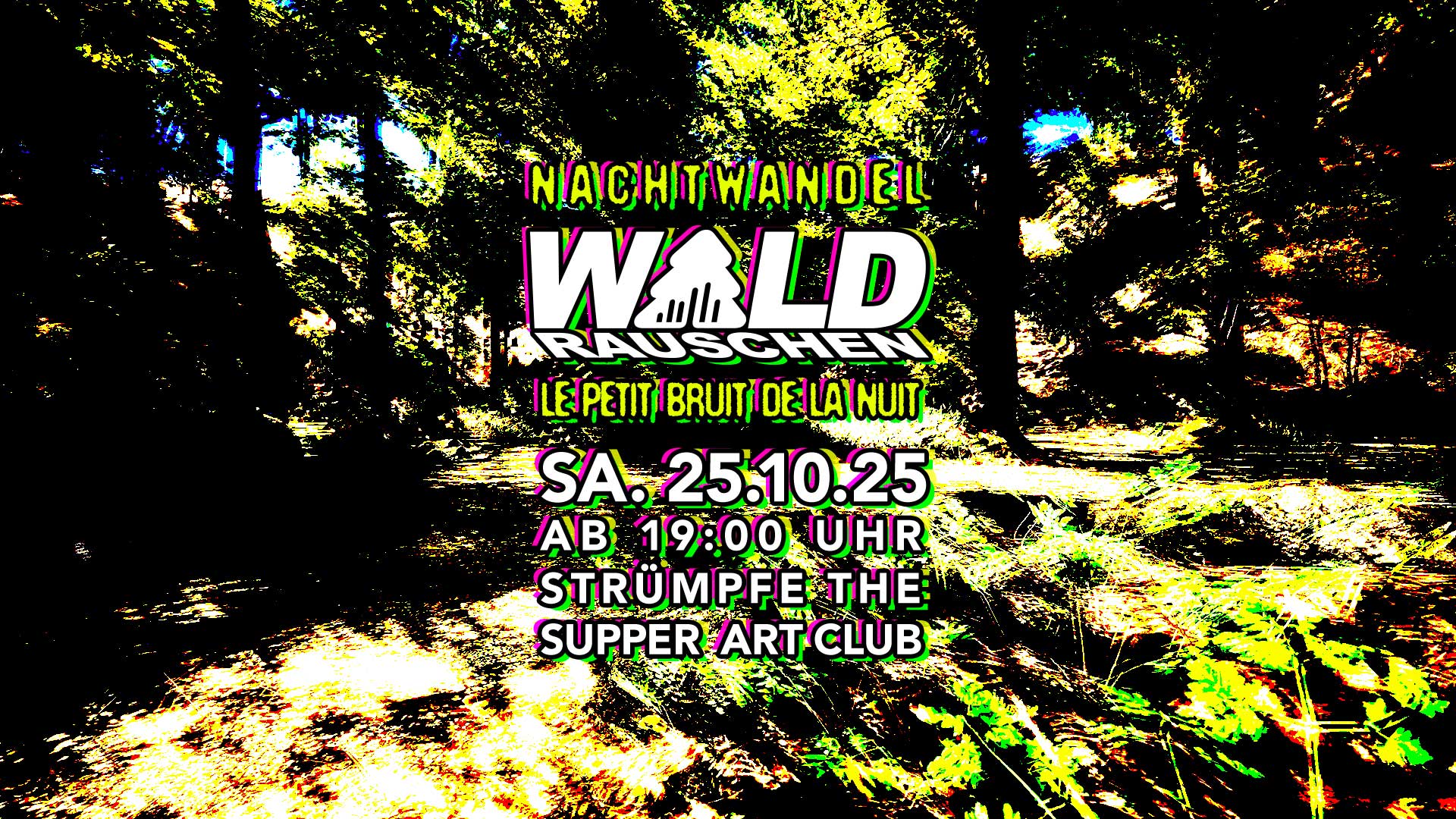 WALDRAUSCHEN - le petit bruit de la nuit ///
Samstag, 25.10.25 ab 19:00 /// Nachtwandel Special @ Strümpfe – The Supper-Artclub – Mannheim | Jungbusch